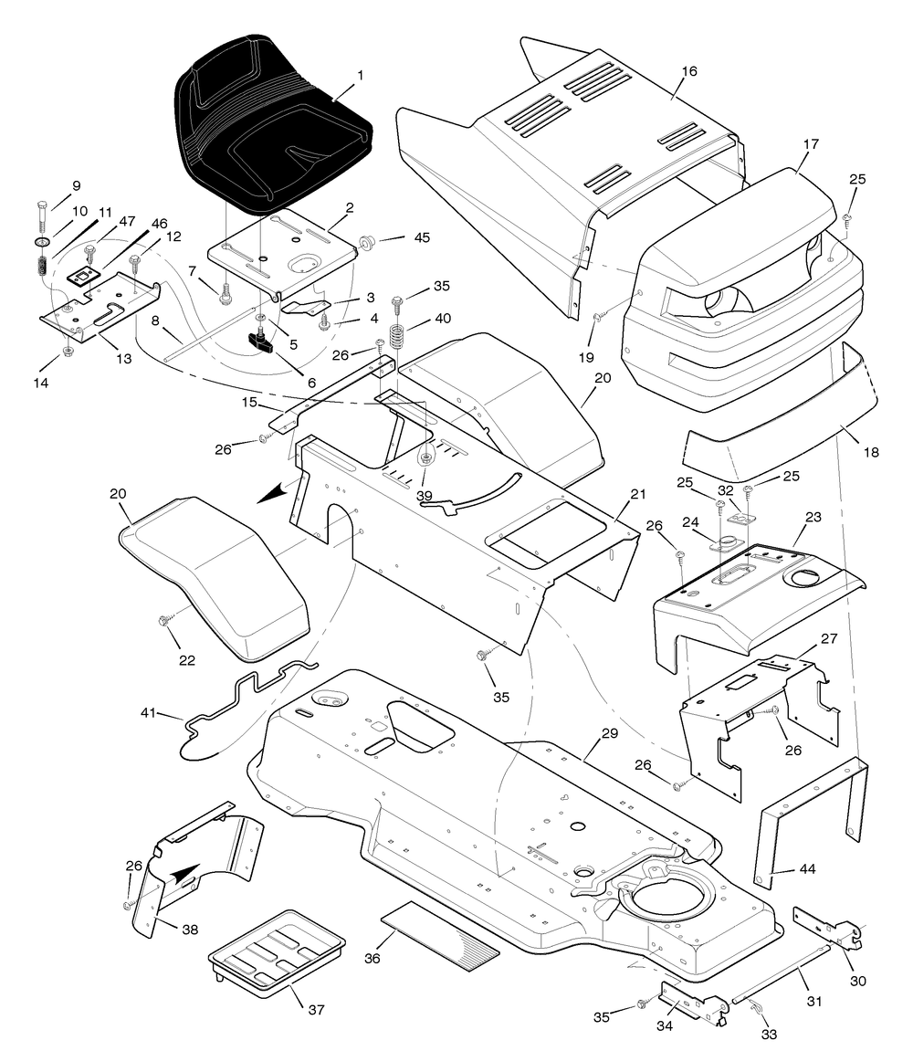 Chassis And Hood Diagram and Parts List for 387002X92D 2005 Briggs and Stratton Lawn Tractor